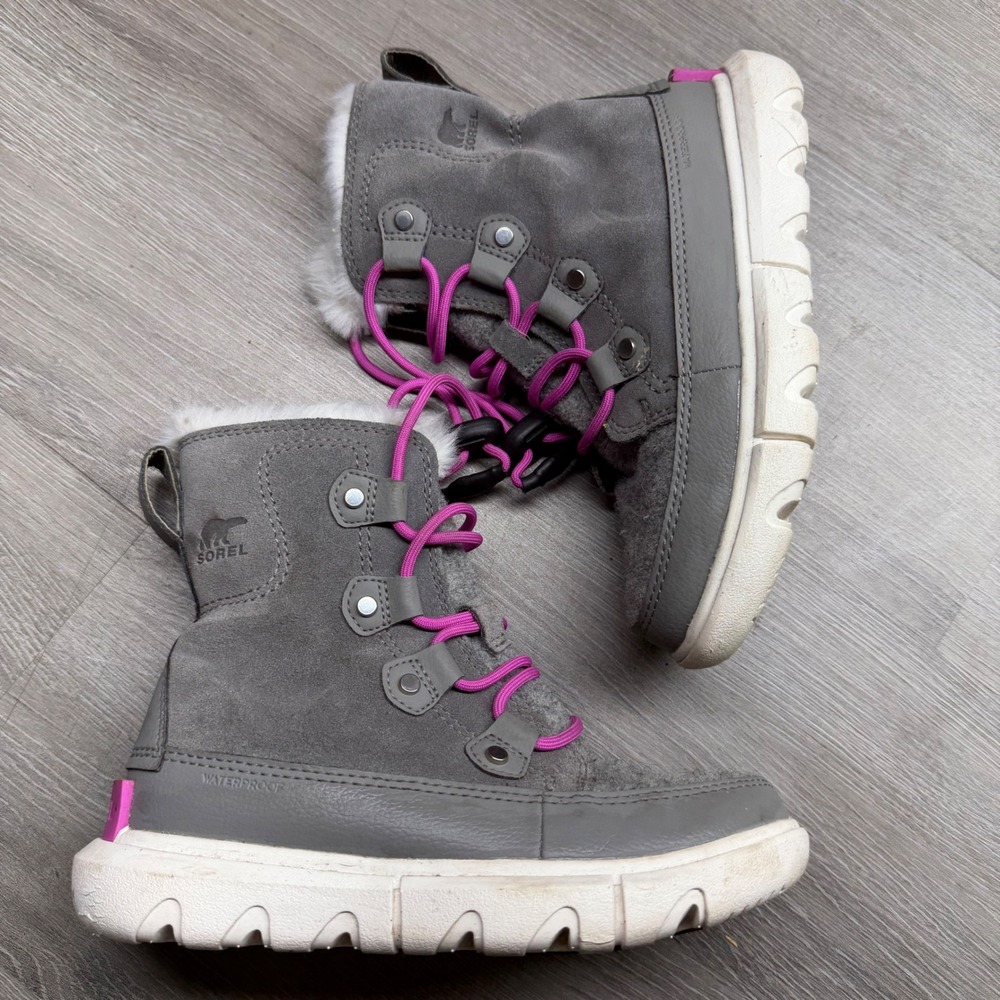 Sorel Kids Explorer Joan Waterproof Boots Grey Pink Faux Fur NC4896-052 Size 13